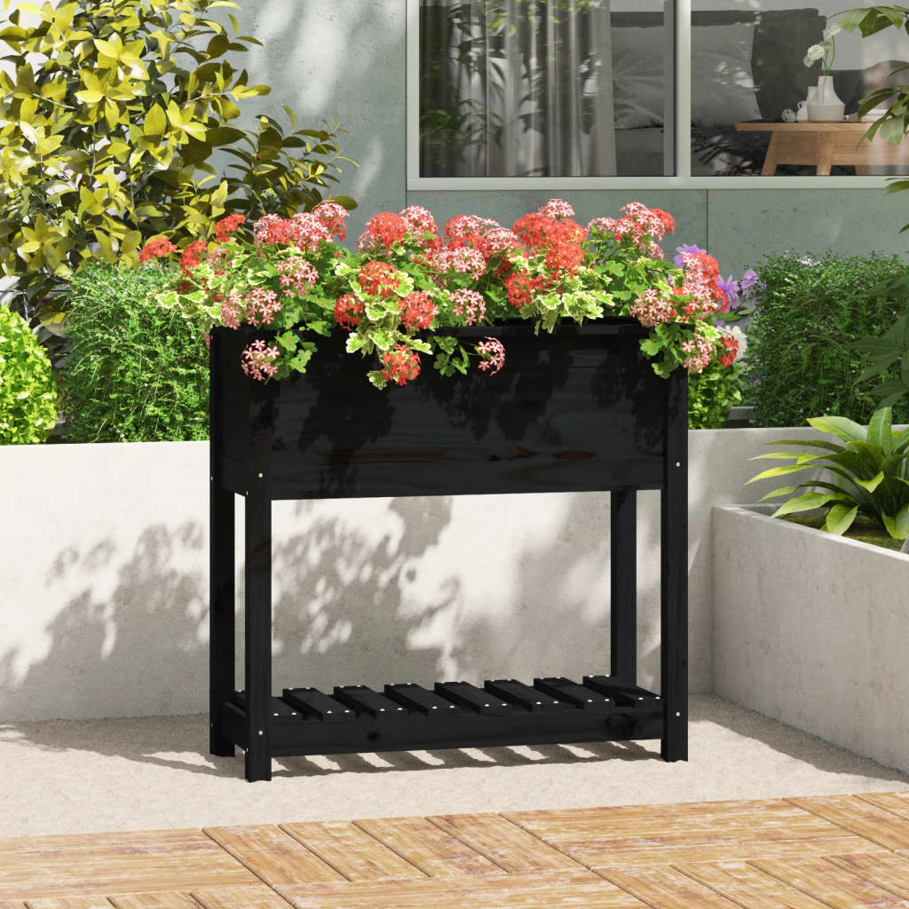 Utendørs Blomsterkasse Plantekasse Tre med hylle Svart 82,5x34,5x81 cm heltre furu
