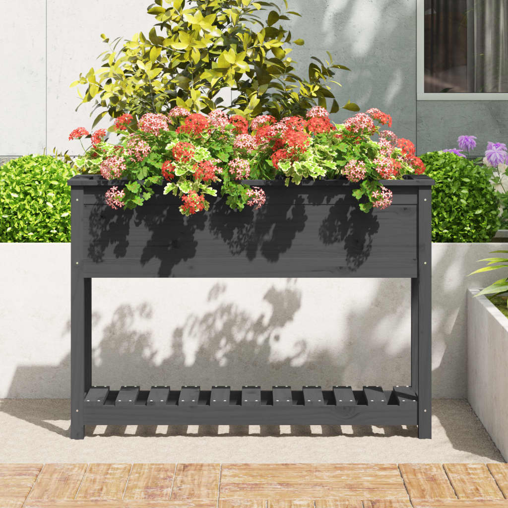 Utendørs Blomsterkasse Plantekasse Tre med hylle Grå 111,5x34,5x81 cm heltre furu