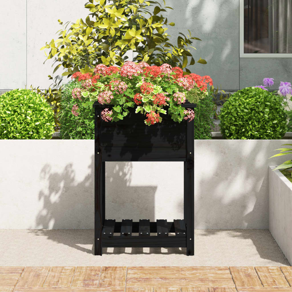 Utendørs Blomsterkasse Plantekasse Tre med hylle Svart 54x54x81 cm heltre furu