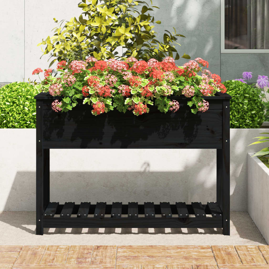 Utendørs Blomsterkasse Plantekasse Tre med hylle Svart 111,5x54x81 cm heltre furu