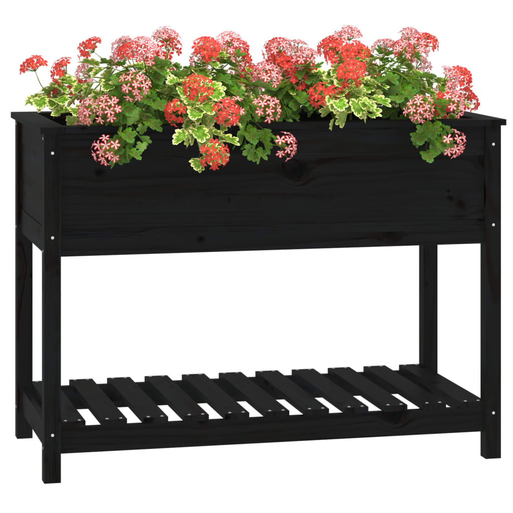 Utendørs Blomsterkasse Plantekasse Tre med hylle Svart 111,5x54x81 cm heltre furu