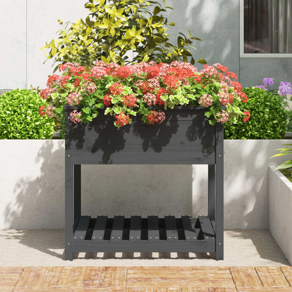 Utendørs Blomsterkasse Plantekasse Tre med hylle Grå 82,5x82,5x81 cm heltre furu