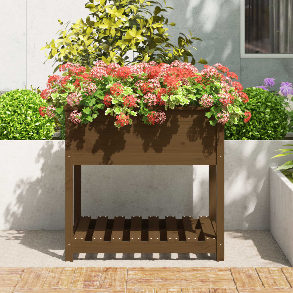 Utendørs Blomsterkasse Plantekasse Tre med hylle Honningbrun 82,5x82,5x81 cm heltre furu