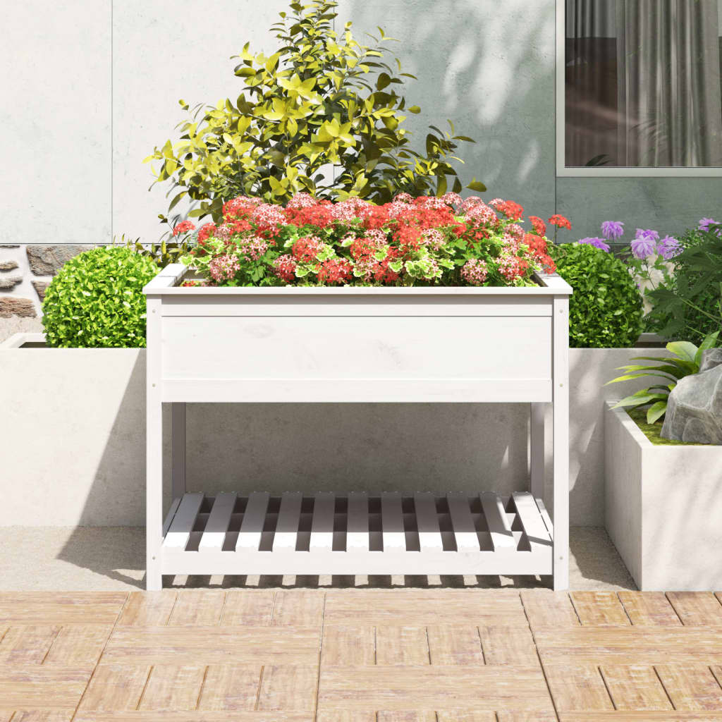 Utendørs Blomsterkasse Plantekasse Tre med hylle Hvit 111,5x111,5x81 cm heltre furu