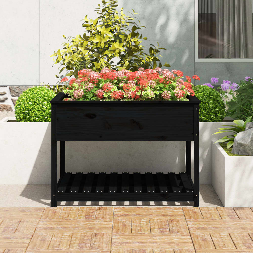 Utendørs Blomsterkasse Plantekasse Tre med hylle Svart 111,5x111,5x81 cm heltre furu