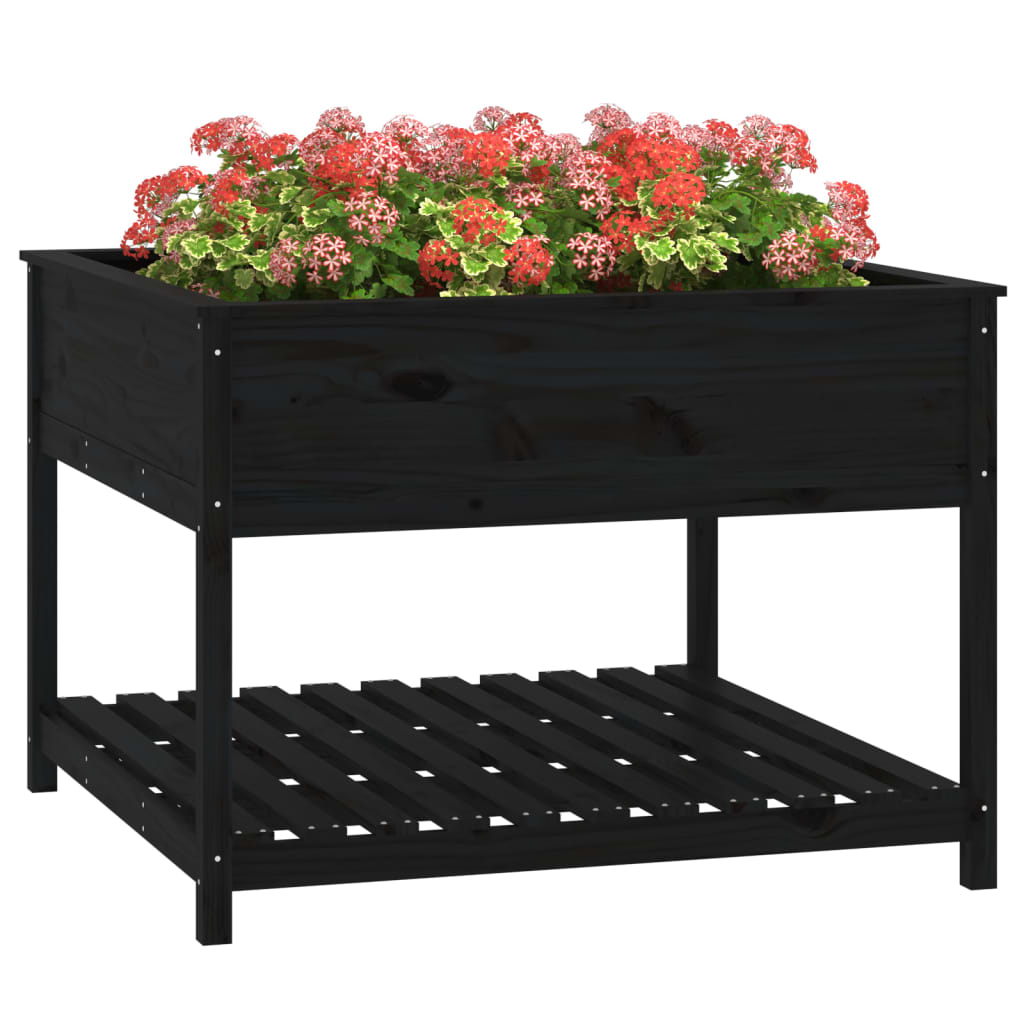 Utendørs Blomsterkasse Plantekasse Tre med hylle Svart 111,5x111,5x81 cm heltre furu
