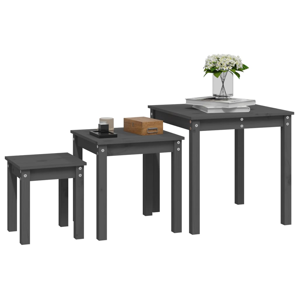 Sidebord Tre Stablebare 3 stk Grå heltre furu