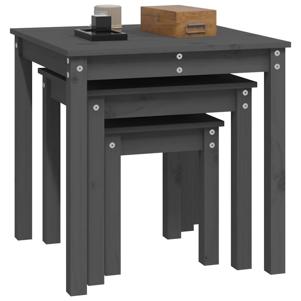 Sidebord Tre Stablebare 3 stk Grå heltre furu