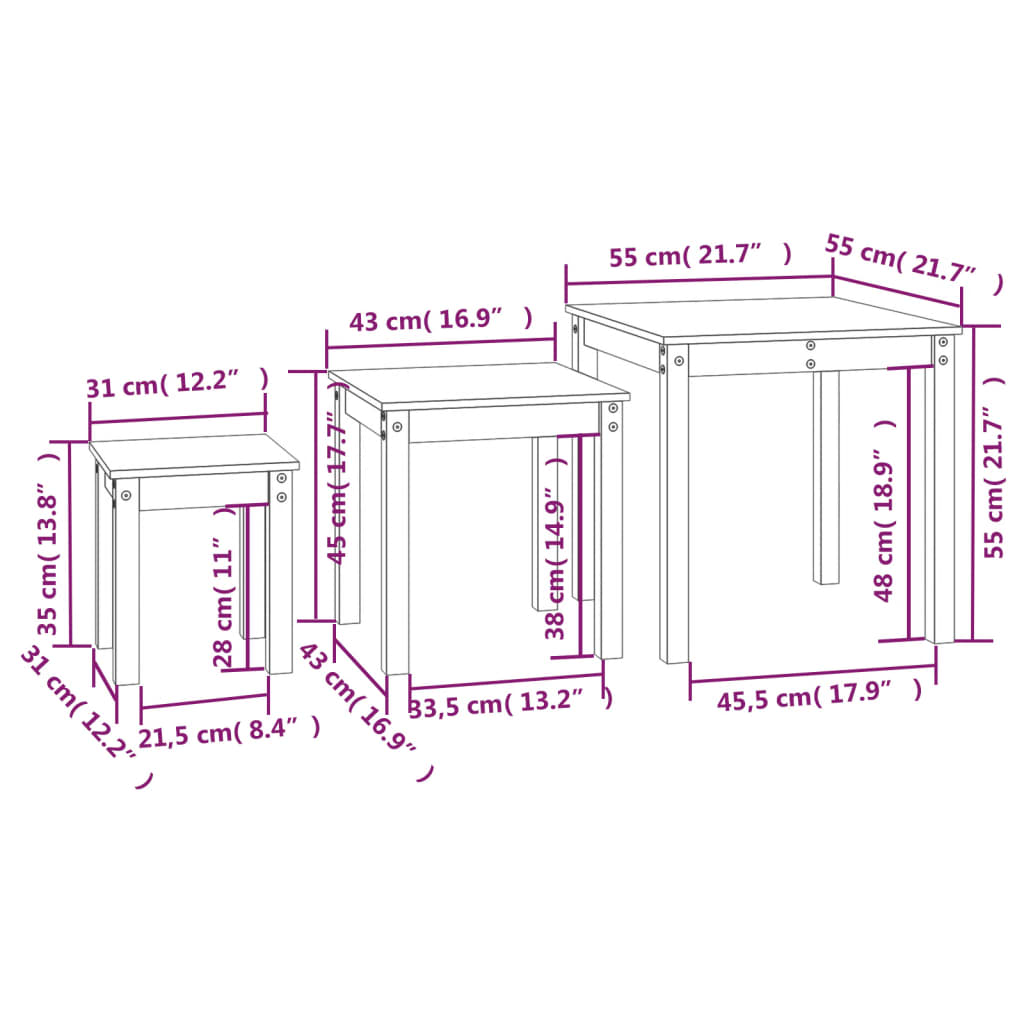 Sidebord Tre Stablebord 3 stk Honningbrun heltre furu