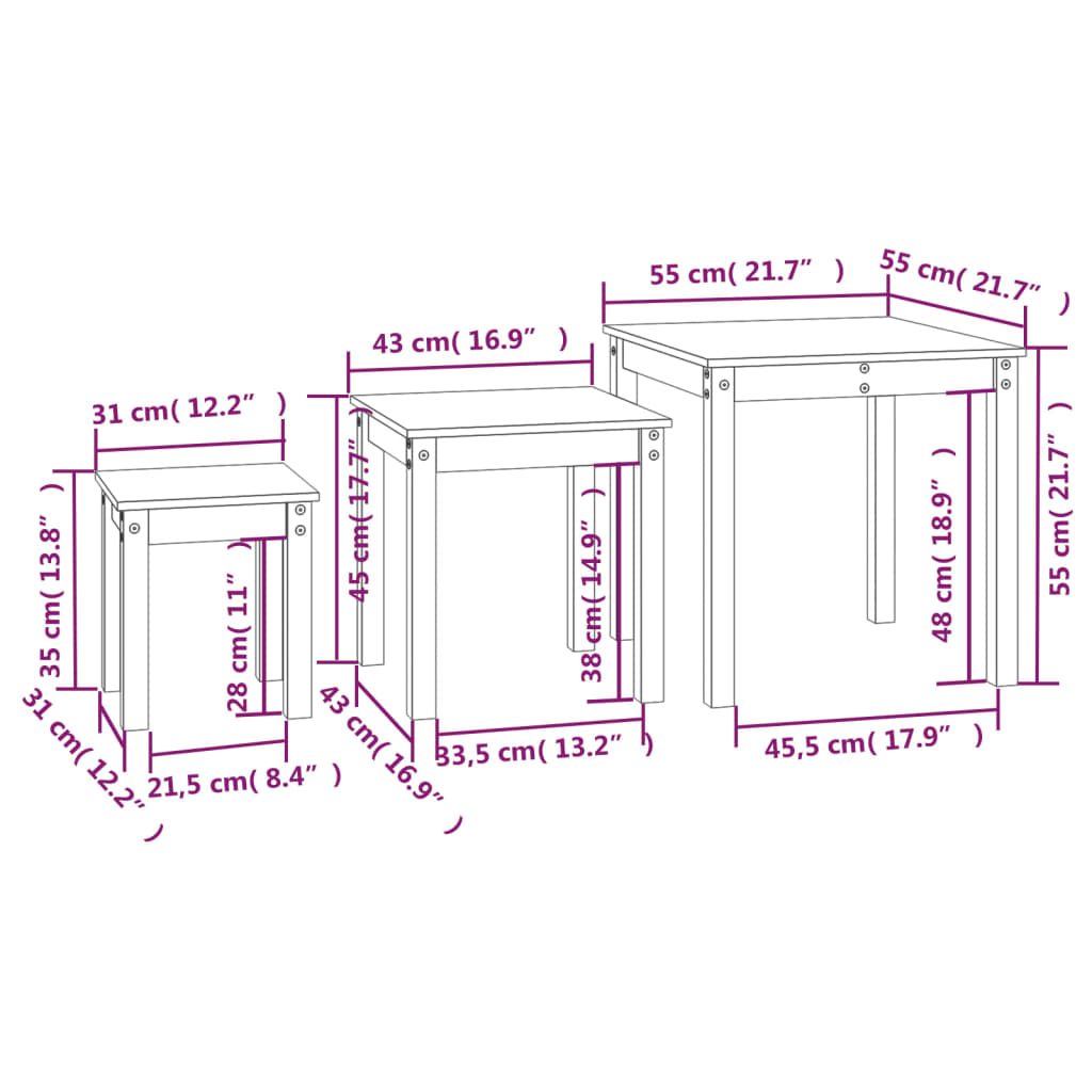 Sidebord Svart Stablebord 3 stk heltre furu