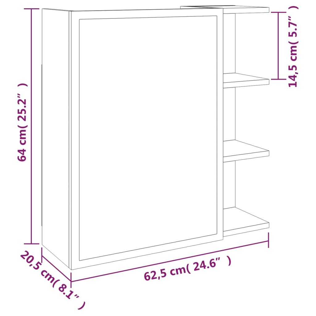 Baderomsskap med speil røkt eik 62,5x20,5x64cm konstruert tre