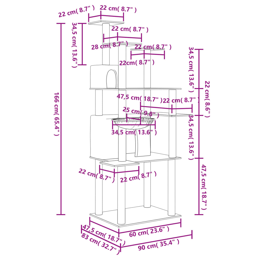 Kattemøbel Kattetre med klorestolper i sisal kremhvit 166 cm