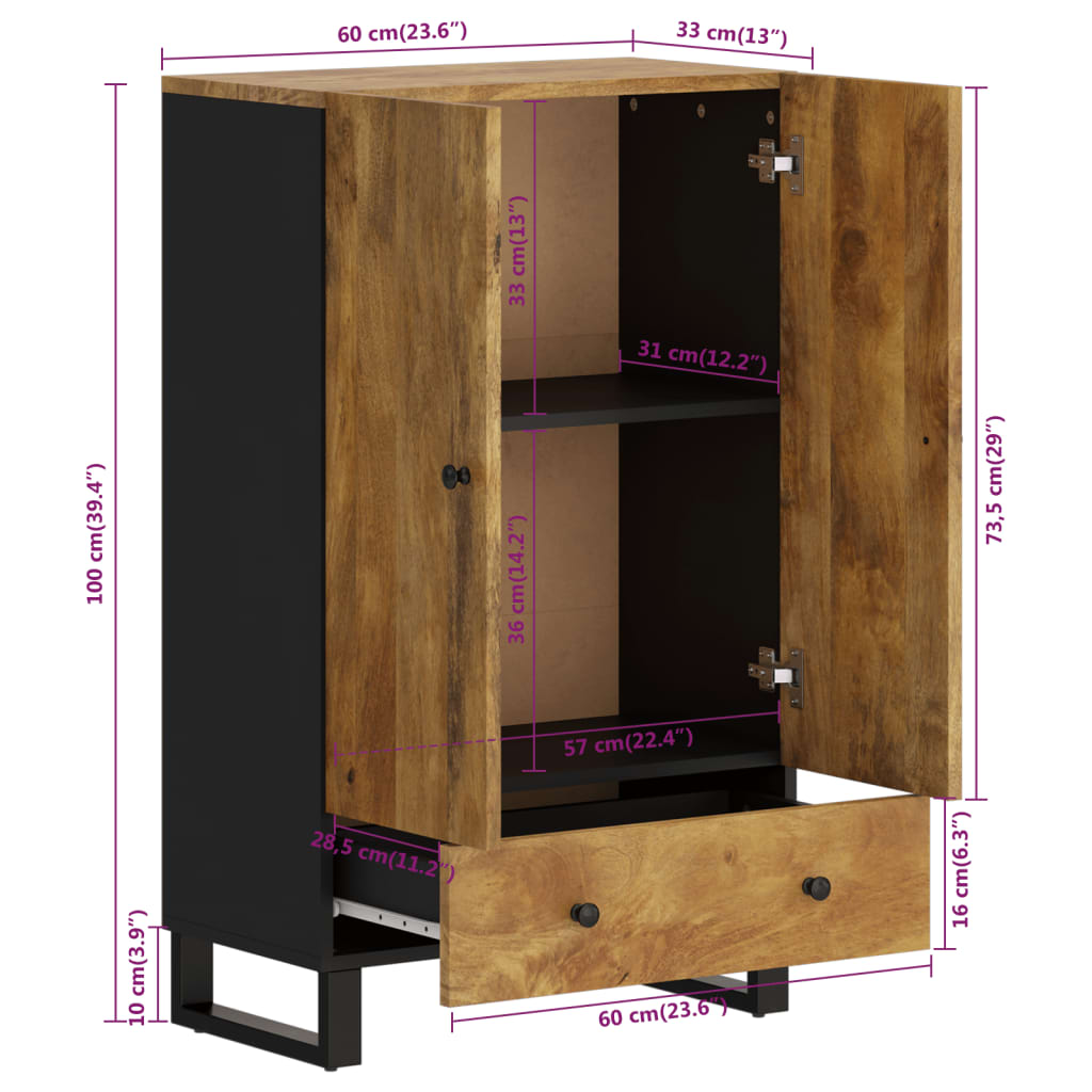 Skap heltre mango med skuff 60x33x100 cm jern