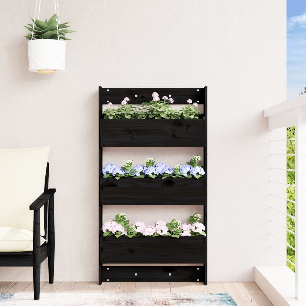 Utendørs Blomsterkasse Plantekasse Tre plantekasse 3 lag 60x18,5x110 cm Svart heltre furu