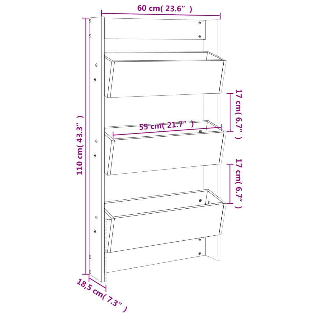Utendørs Blomsterkasse Plantekasse Tre plantekasse 3 lag 60x18,5x110 cm Svart heltre furu