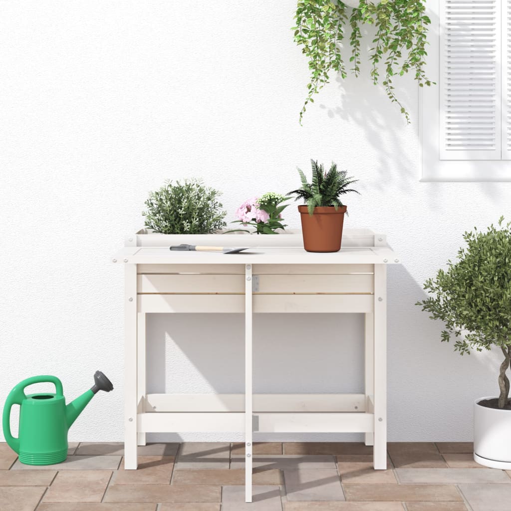 Utendørs Blomsterkasse Plantekasse Tre med foldbar bordplate Hvit heltre furu