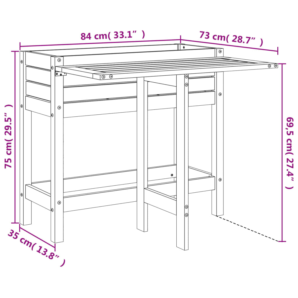Plantekasse med foldbar bordplate hvit heltre furu