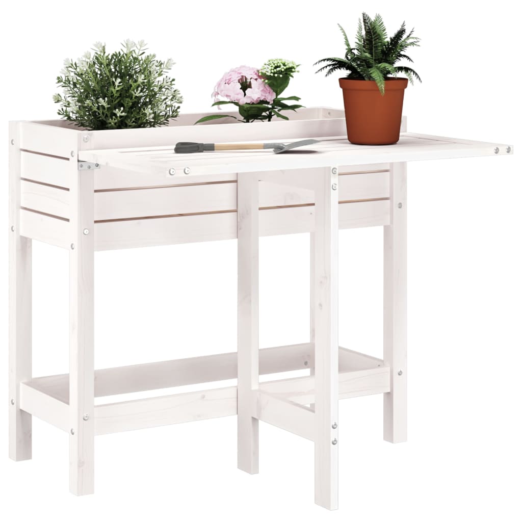 Utendørs Blomsterkasse Plantekasse Tre med foldbar bordplate Hvit heltre furu