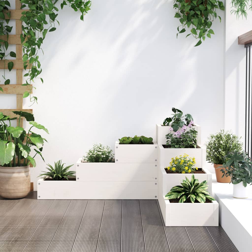 Utendørs Blomsterkasse Plantekasse Tre 4 etasjer 80,5x79x36 cm Hvit heltre furu