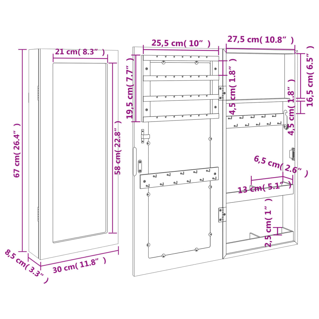 Smykkeskap Vegghengt med speil 30x8,5x67 cm
