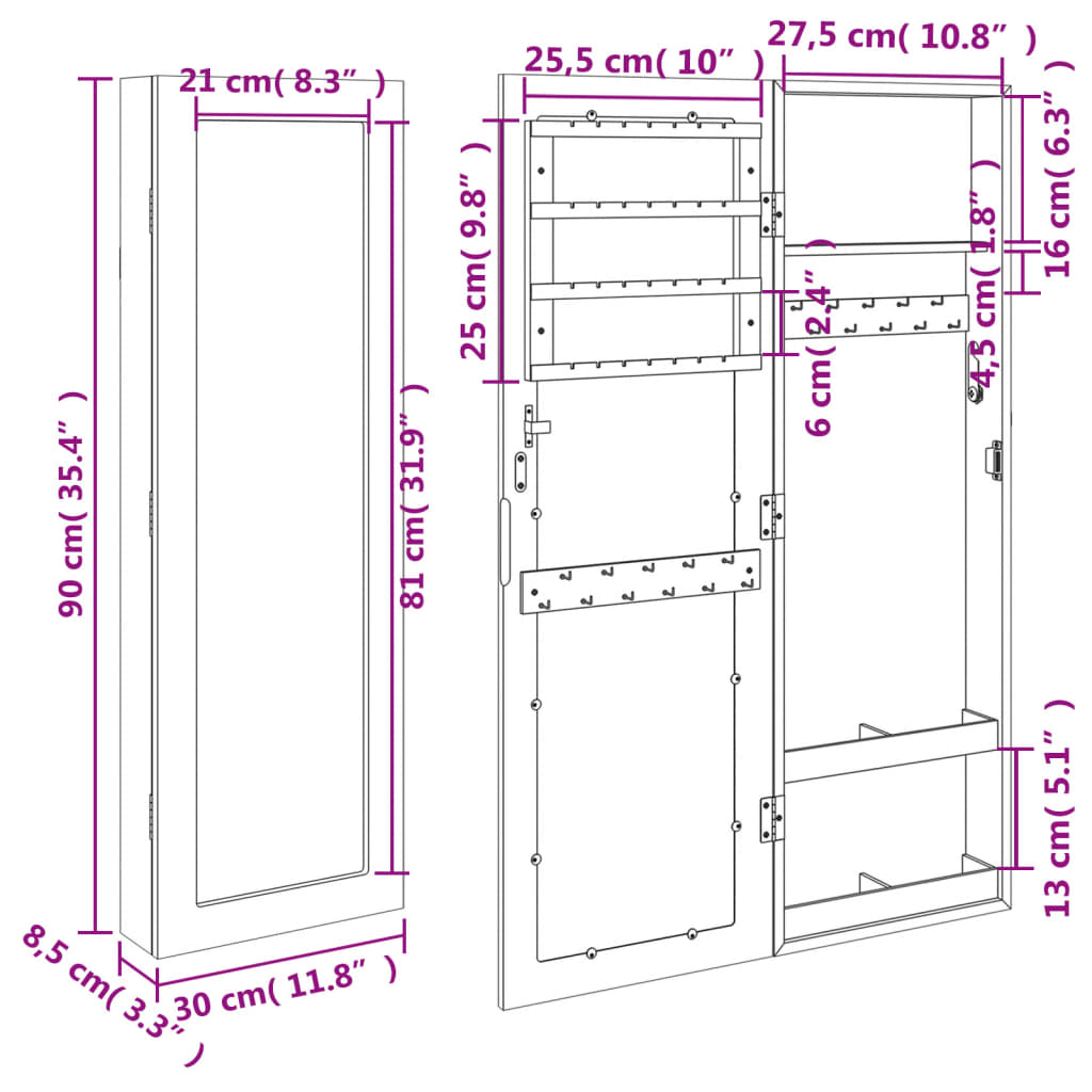 Smykkeskap Svart Vegghengt speil 30x8,5x90 cm