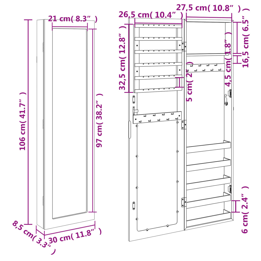 Smykkeskap Vegghengt med speil Hvit 30x8,5x106 cm