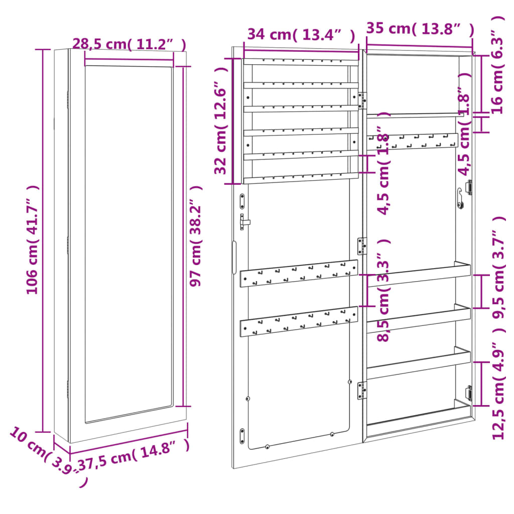 Smykkeskap Vegghengt med speil Hvit 37,5x10x106 cm