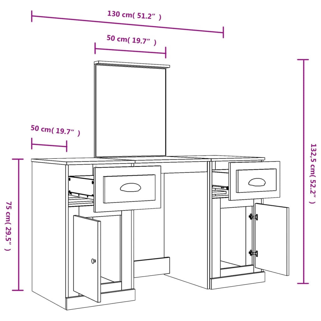 Sminkebord Røkt Eik speil 130x50x132,5 cm