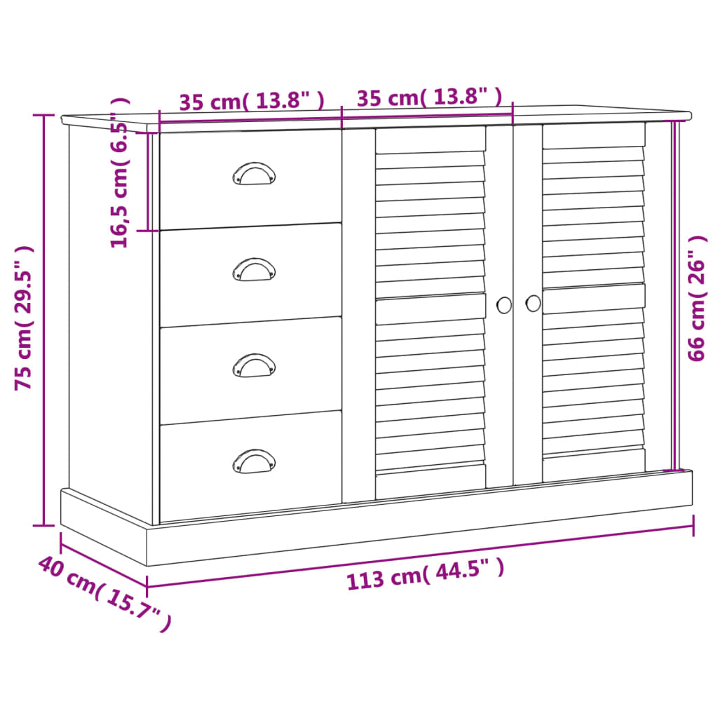 Skjenk Tre med skuffer VIGO 113x40x75 cm heltre furu