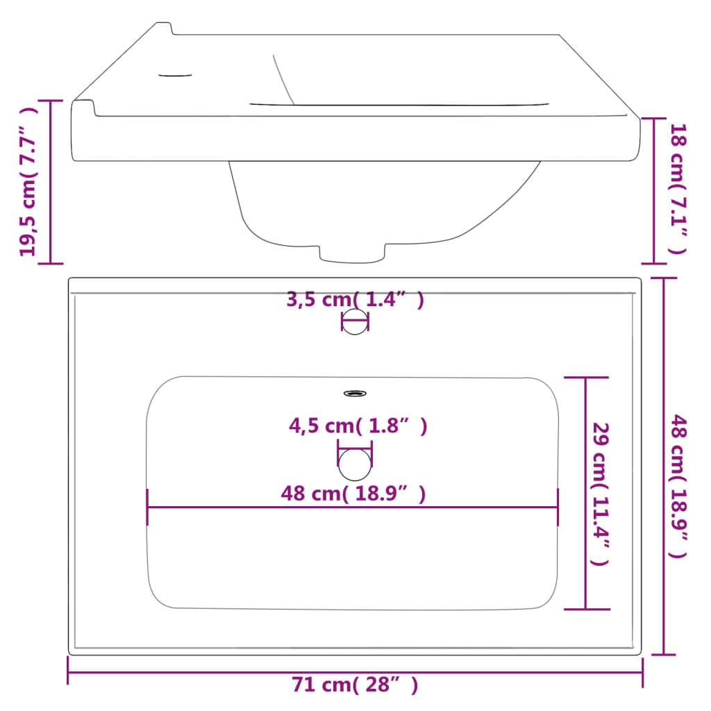 Baderomsvask Hvit 71x48x19,5 cm rektangulær keramikk