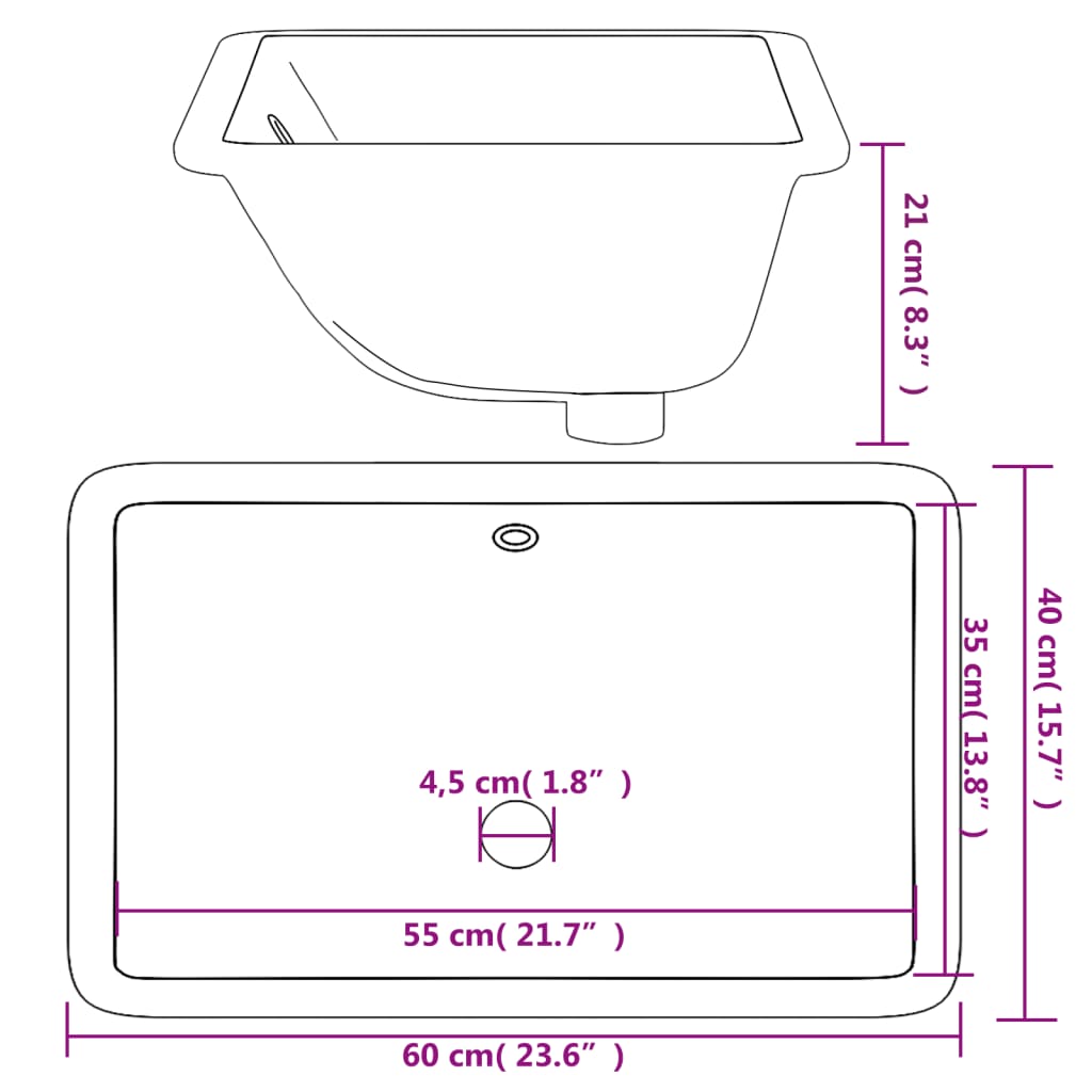 Baderomsvask Hvit 60x40x21 cm rektangulær keramikk