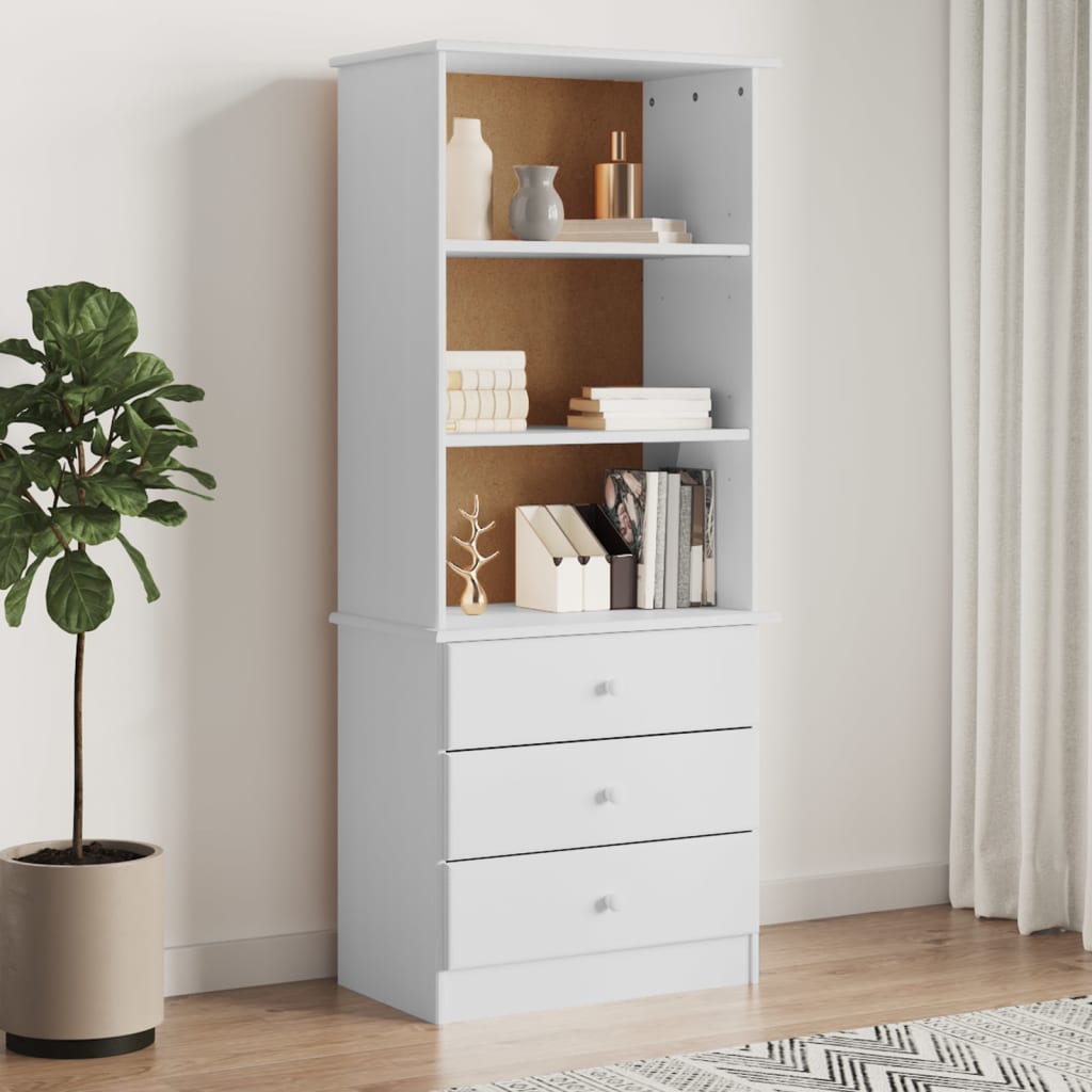 Bokhylle Hvit med skuffer ALTA 60x35x142 cm heltre furu