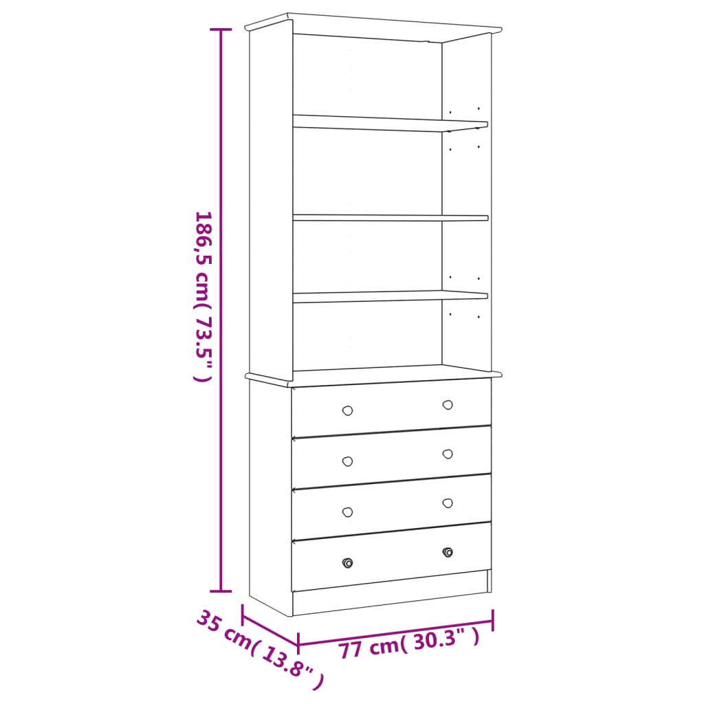 Bokhylle Hvit med skuffer ALTA 77x35x186,5 cm heltre furu