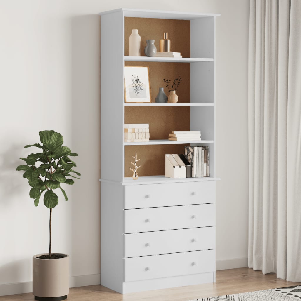 Bokhylle Hvit med skuffer ALTA 77x35x186,5 cm heltre furu