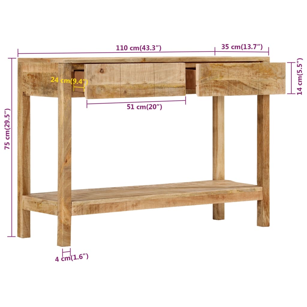 Avlastningsbord Konsollbord Tre med 2 skuffer 110x35x75 cm heltre mango