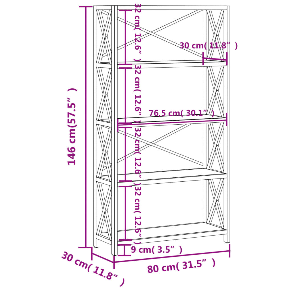 Bokhylle Tre 5 etasjer 80x30x146 cm heltre eik