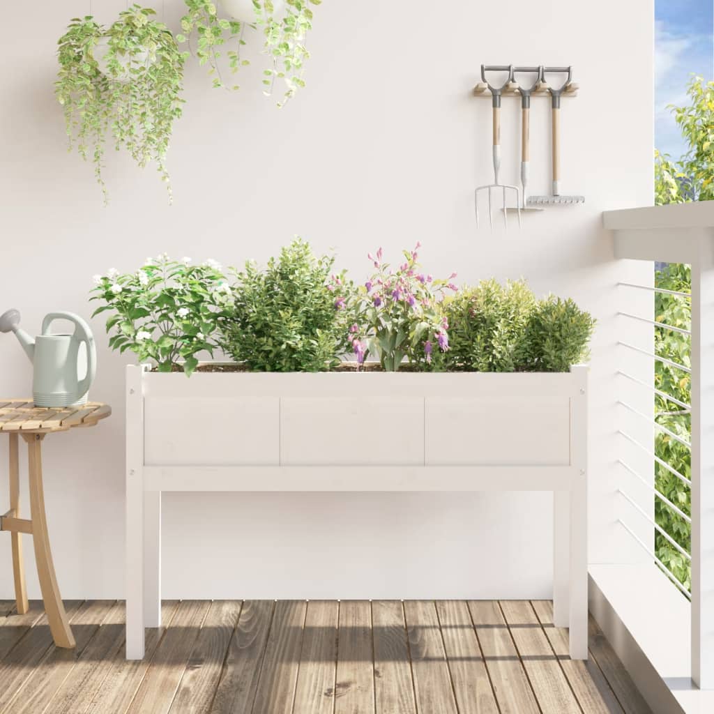 Utendørs Blomsterkasse Plantekasse Tre med ben Hvit 110x31x70 cm heltre furu