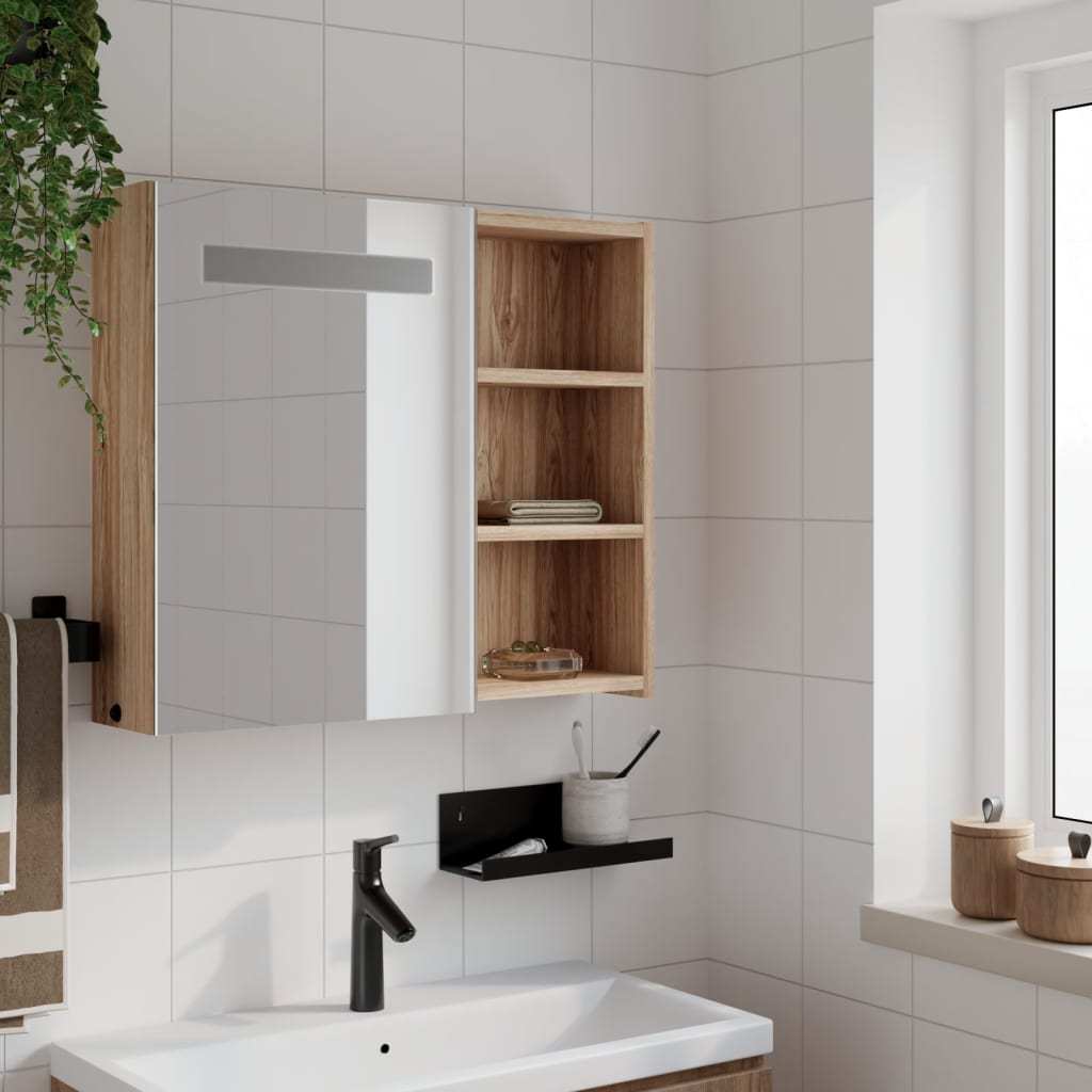 Baderomsspeilskap med LED-lys Eik 60x13x52 cm