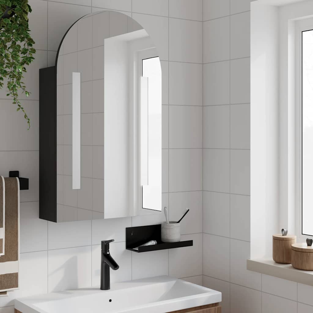 Baderomsspeilskap med LED-lys buet Svart 42x13x70 cm