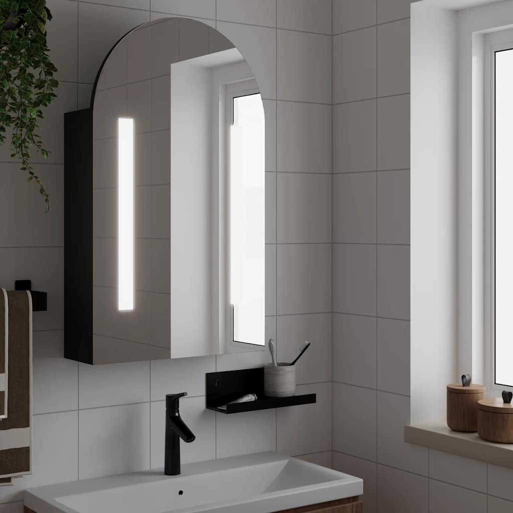 Baderomsspeilskap med LED-lys buet Svart 42x13x70 cm
