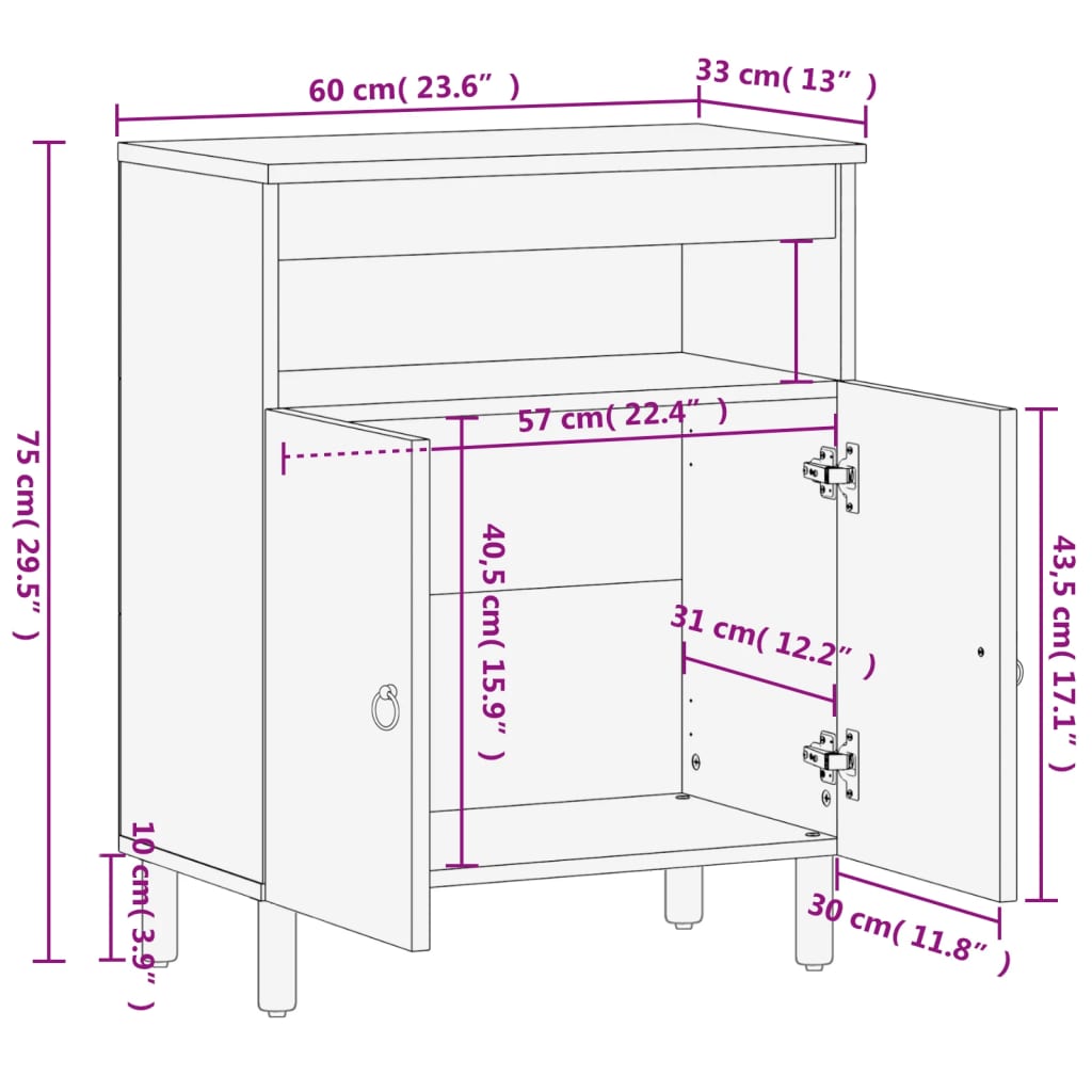 Skap heltre mango 60x33x75 cm