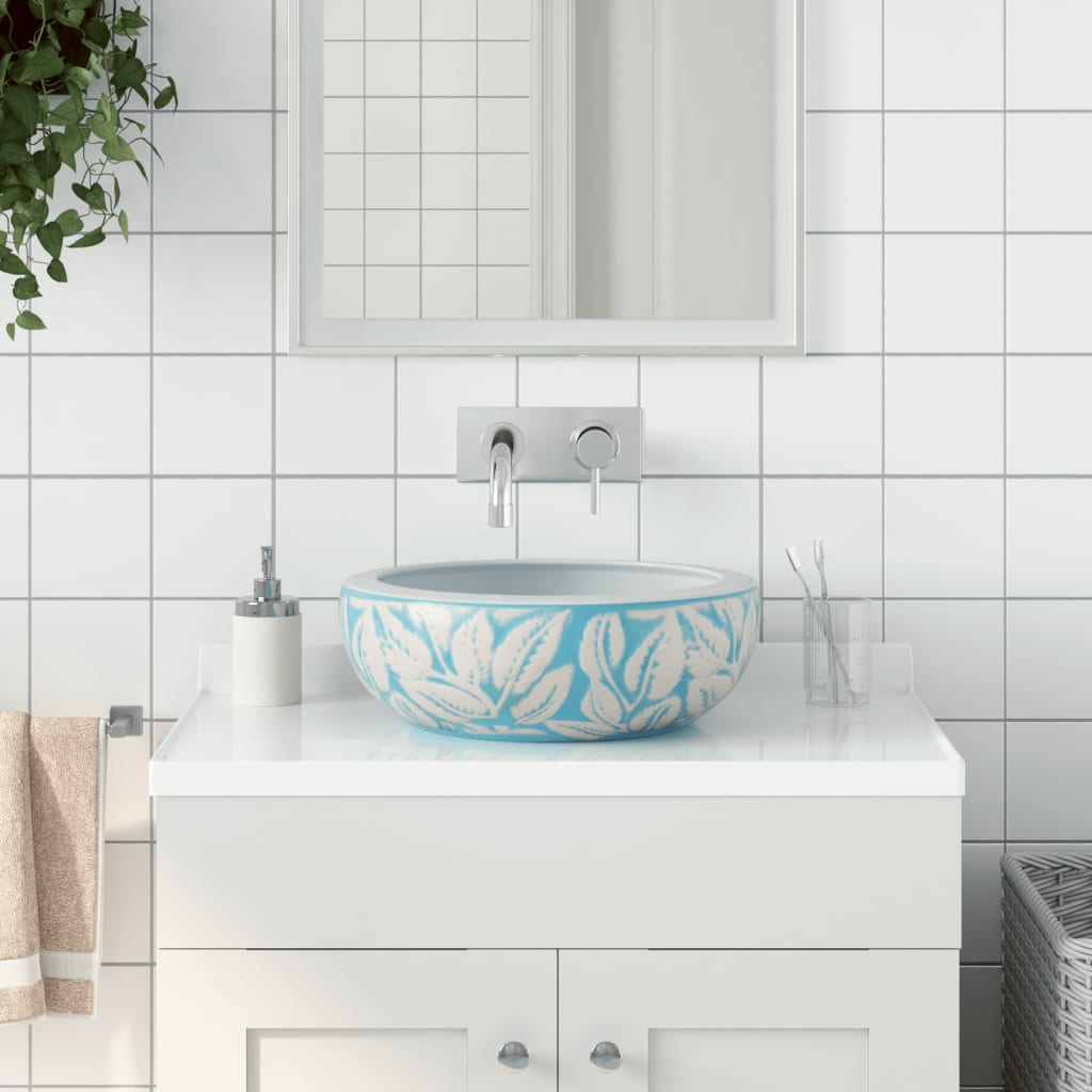 Benkeservant hvit og blå rund Φ41x14 cm keramikk