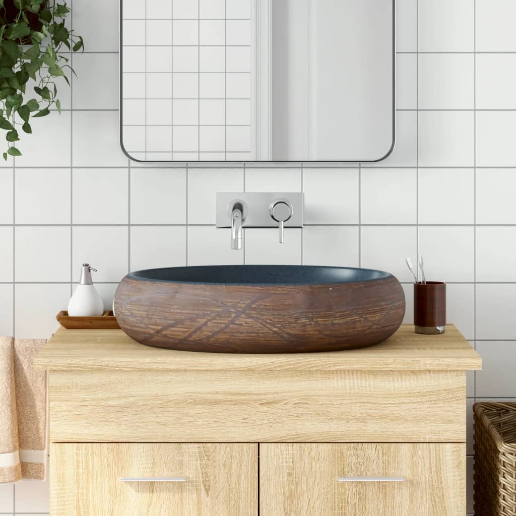 Baderomsvask Brun og blå oval 59x40x15 cm keramikk