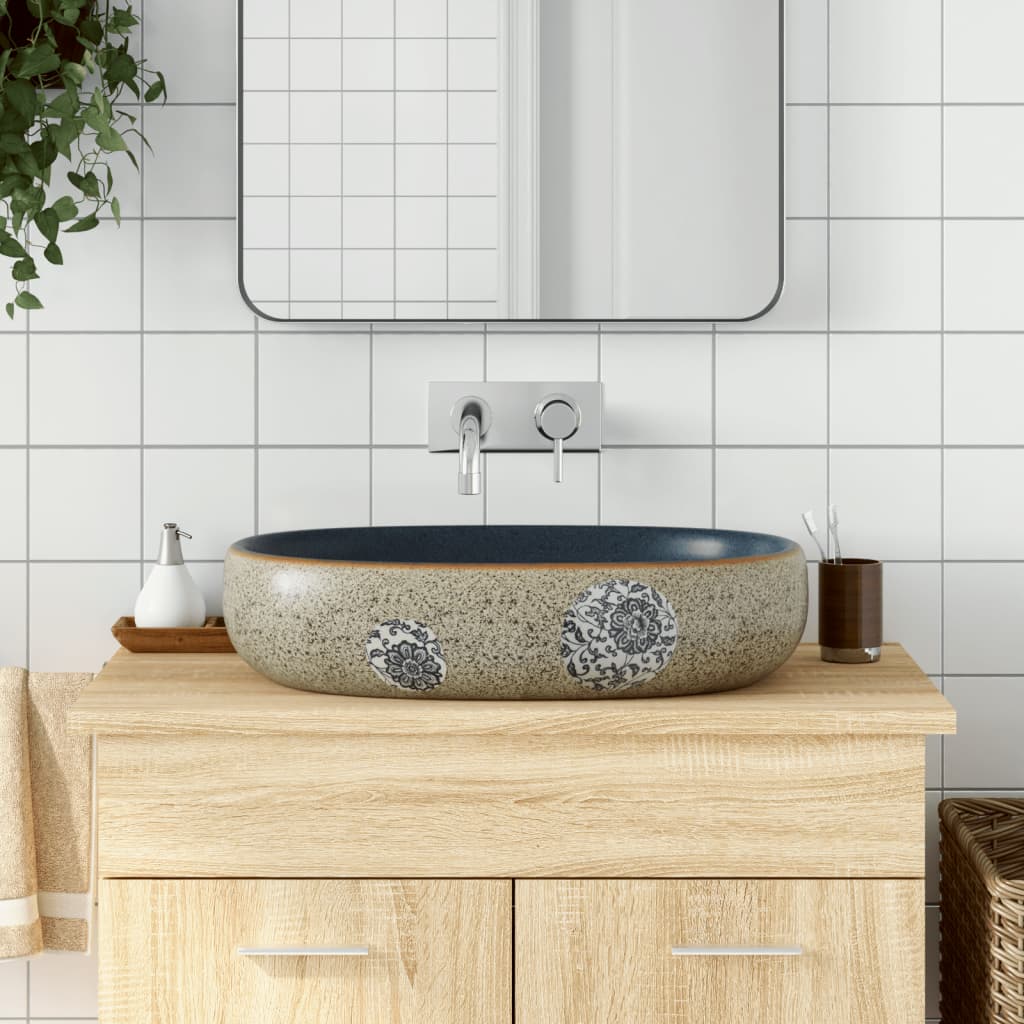Baderomservant sand og blå oval 59x40x14 cm keramikk