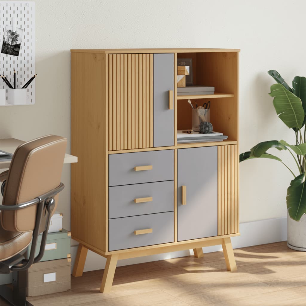 Skap grå og brun OLDEN 85x43x125 cm heltre furu