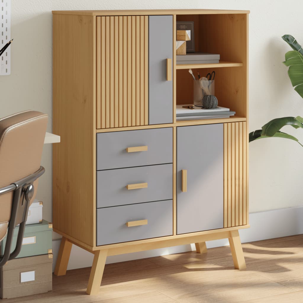 Skap grå og brun OLDEN 85x43x125 cm heltre furu