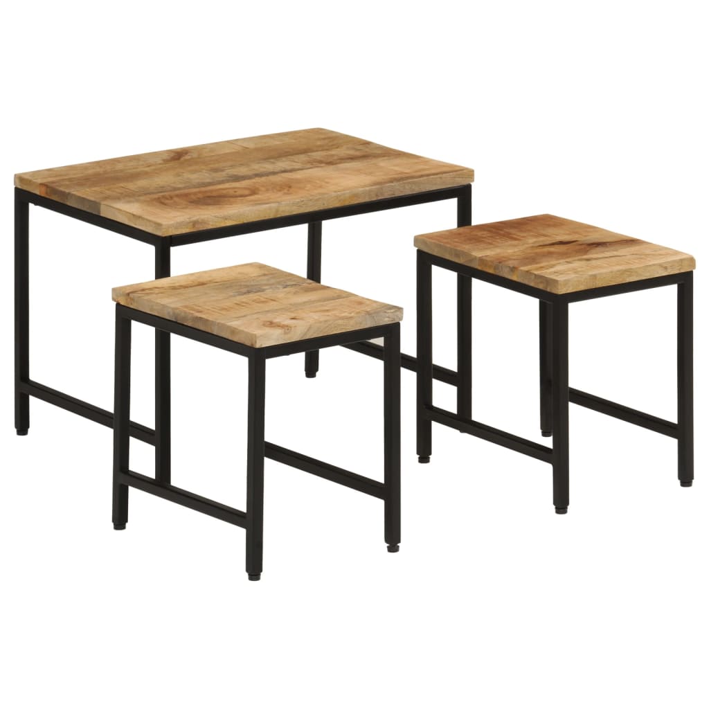 Stablebare salongbord 3 stk grovt heltre mangotre og jern