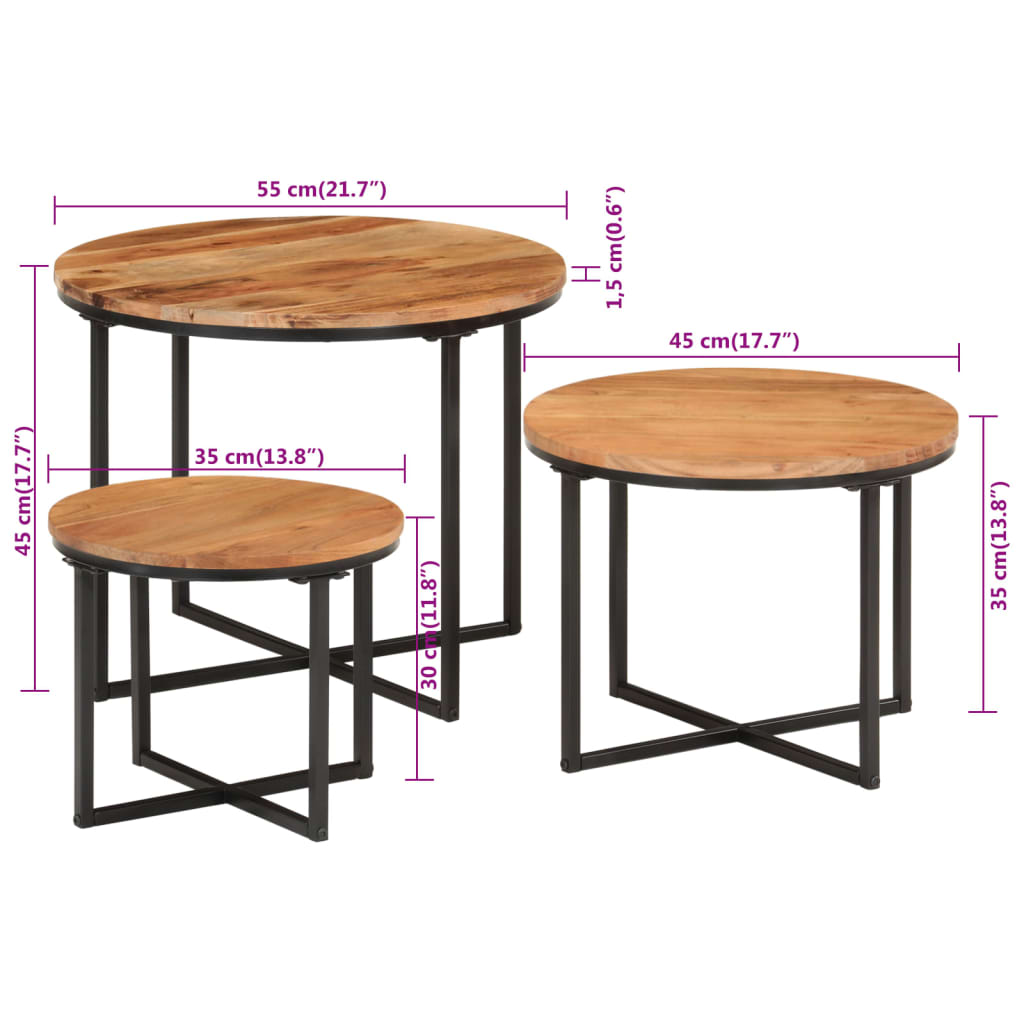 Stablebare salongbord 3 stk heltre akasie og jern
