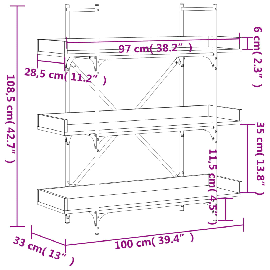 Bokhylle Sonoma Eik 3 etasjer 100x33x108,5 cm