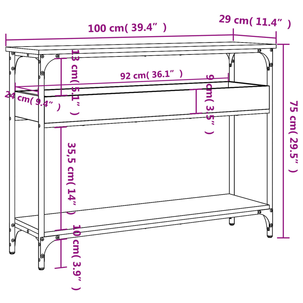 Avlastningsbord Konsollbord Sonoma Eik med hylle 100x29x75 cm